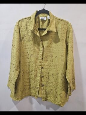 Chico's Design Tunic Blouse Womens 2 Green Silk Embroidered Long Sleeve Top